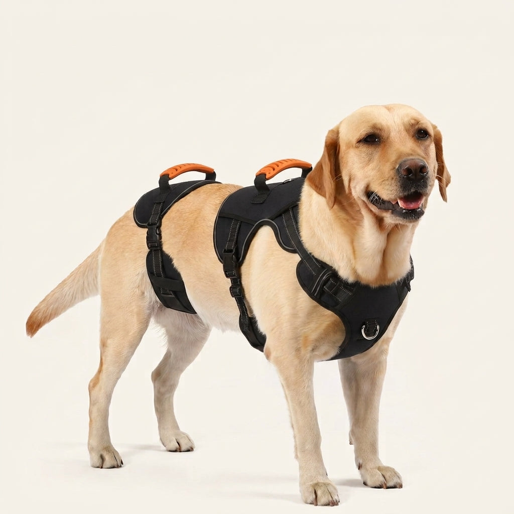 Side view of the black harness with orange handles on a Labrador (product rendering)