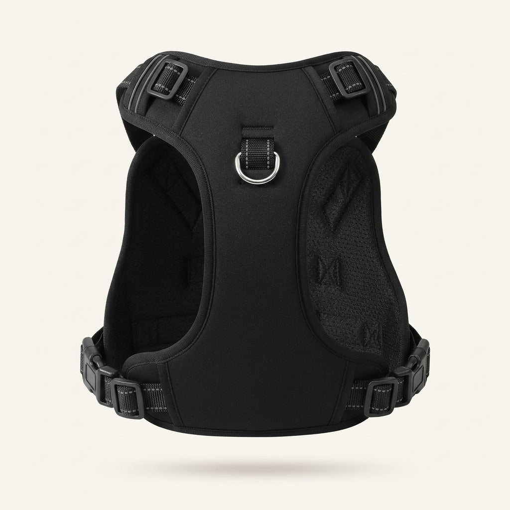 Front piece of the harness, black with a silver D-ring (product rendering)