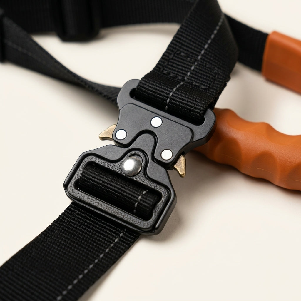 Close-up of the black metal quick-release buckle (product rendering)